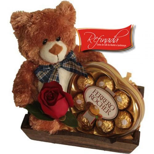 Cesta de Aniversário Romântica Ursinho e Flores